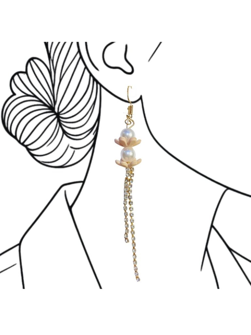 Lotus Flower Earrings Simulated Pearls Long Rhinestones Dangling Soft Girl
